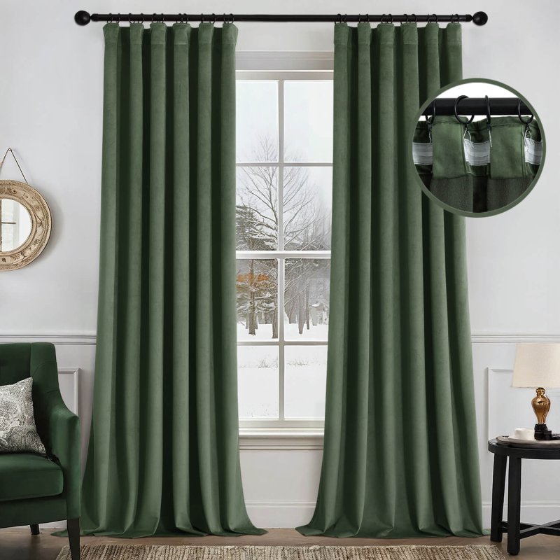 MIULEE Velvet Curtains 84 Inches Long 2 Panels Set for Bedroom, Pinch Pleat Back Tab Luxury Thermal Insulated Living Room Darkening Drapes Pleated Blackout Window Curtains with Hooks, Olive Green - Miulee