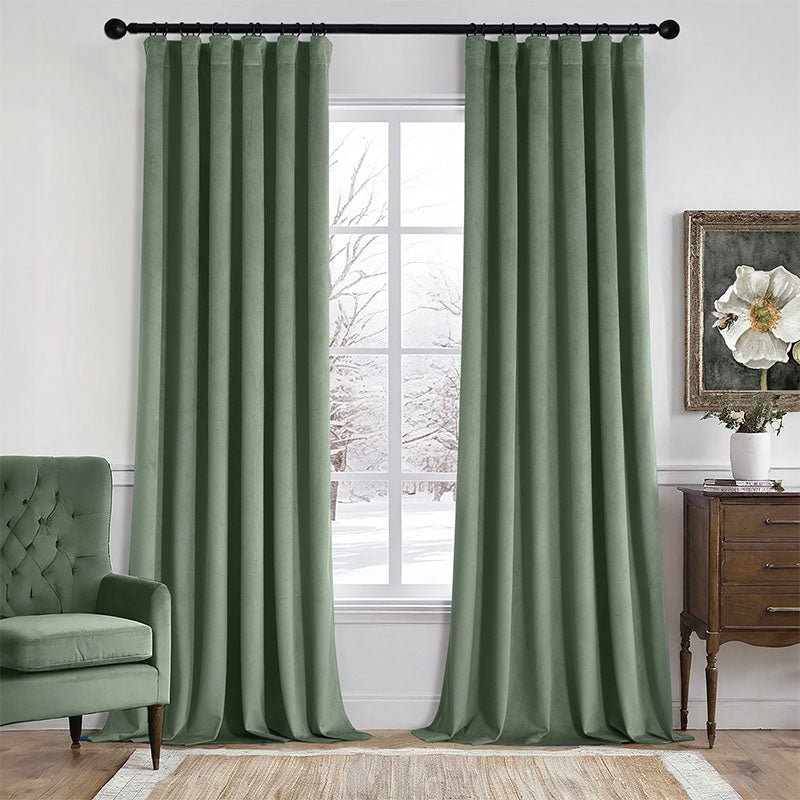 MIULEE Velvet Curtains 90 Inches Long 2 Panels Set for Bedroom, Pinch Pleat Back Tab Luxury Thermal Insulated Living Room Darkening Drapes Pleated Blackout Window Curtains with Hooks, Sage Green - Miulee