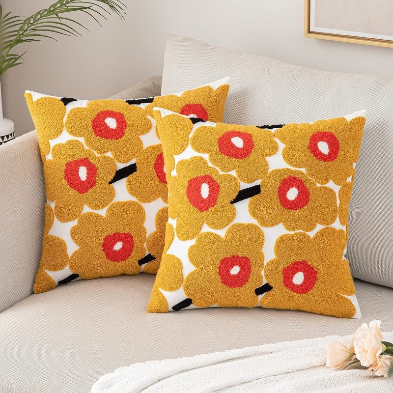 MIULEE Decorative Throw Pillow Covers with Embroidered Flower Square Boho Woven Soft Solid Pillowcases 2 Pack - Miulee