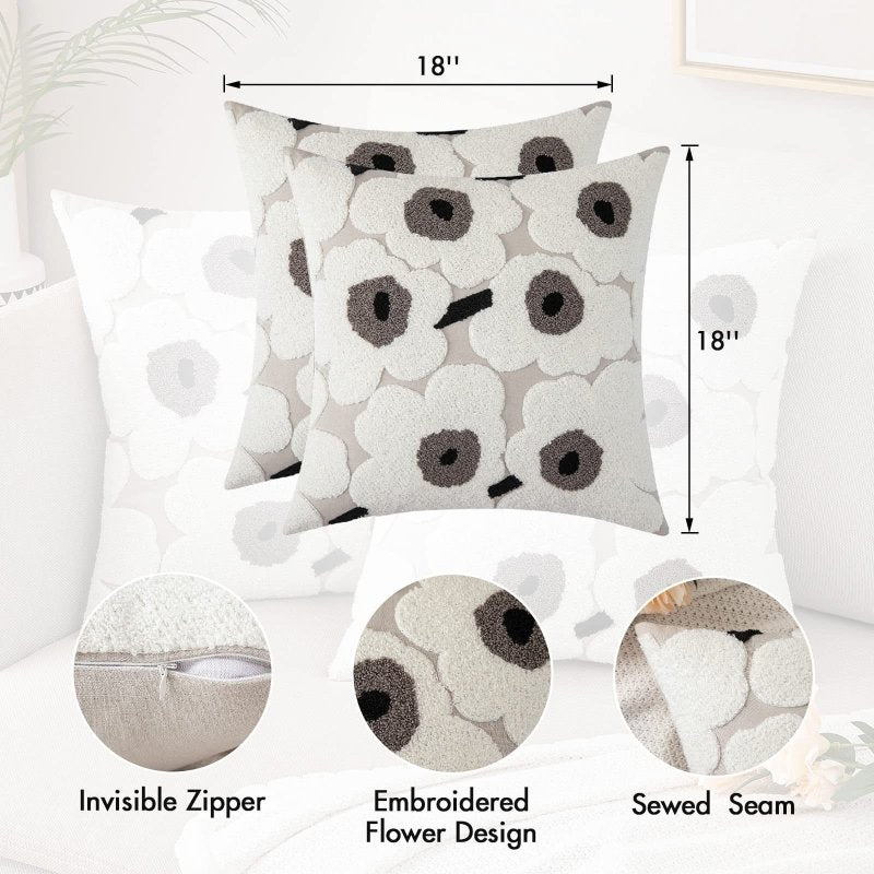 MIULEE Decorative Throw Pillow Covers with Embroidered Flower Square Boho Woven Soft Solid Pillowcases 2 Pack - Miulee