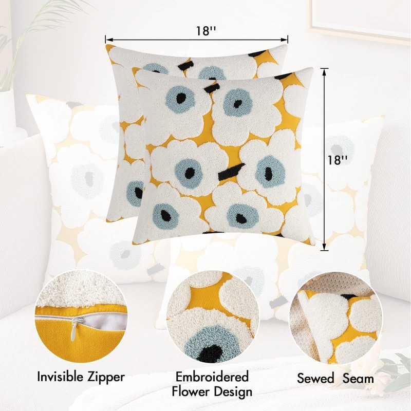 MIULEE Decorative Throw Pillow Covers with Embroidered Flower Square Boho Woven Soft Solid Pillowcases 2 Pack - Miulee