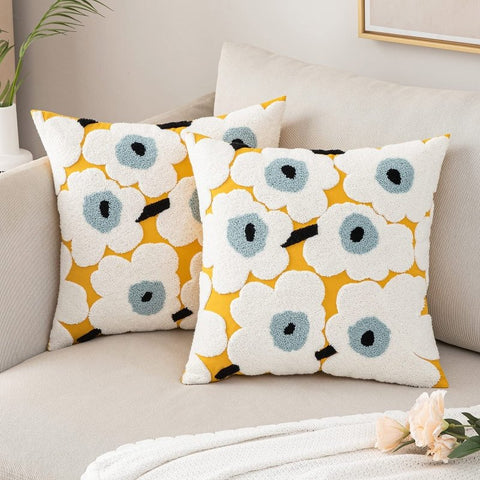 MIULEE Decorative Throw Pillow Covers with Embroidered Flower Square Boho Woven Soft Solid Pillowcases 2 Pack - Miulee