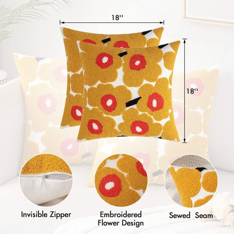 MIULEE Decorative Throw Pillow Covers with Embroidered Flower Square Boho Woven Soft Solid Pillowcases 2 Pack - Miulee