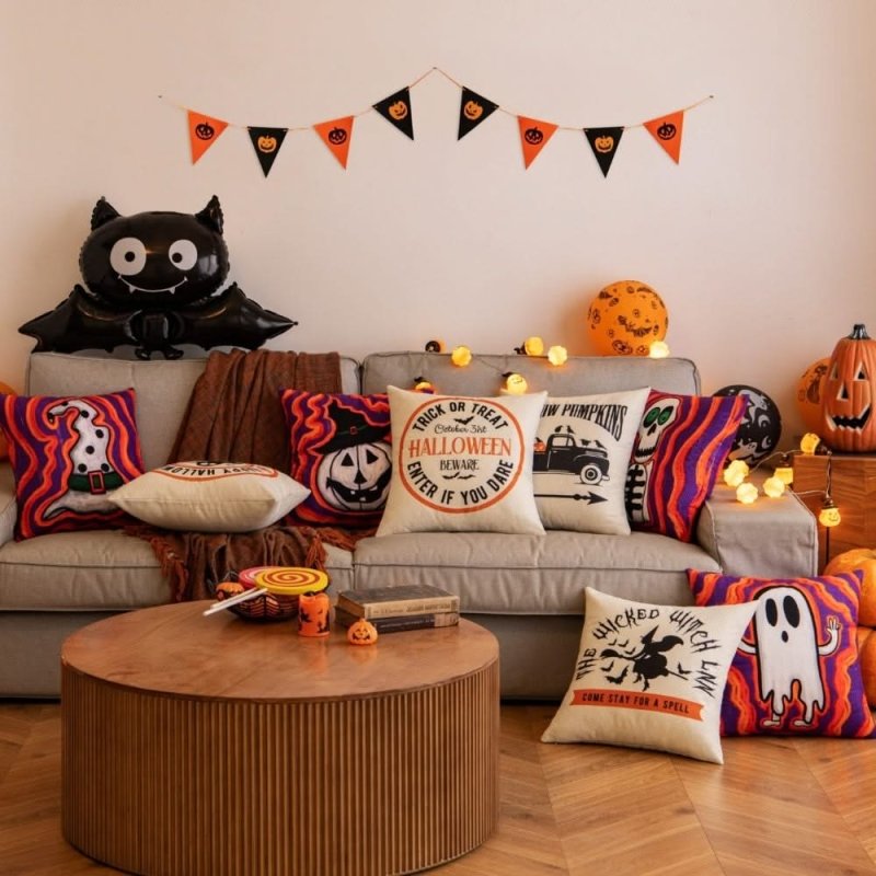 MIULEE Halloween Decor Pillow Covers Fall Decorative Pillows Orange Purple Throw Pillow Cases Farmhouse Pillowcases Pumpkin Lanterns Ghost Skeleton for Sofa 4 Pack - Miulee
