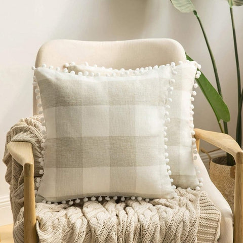 Miulee Halloween Retro Farmhouse Buffalo Plaid Check Pillow Cases with Pom Poms 2 Pack - Miulee