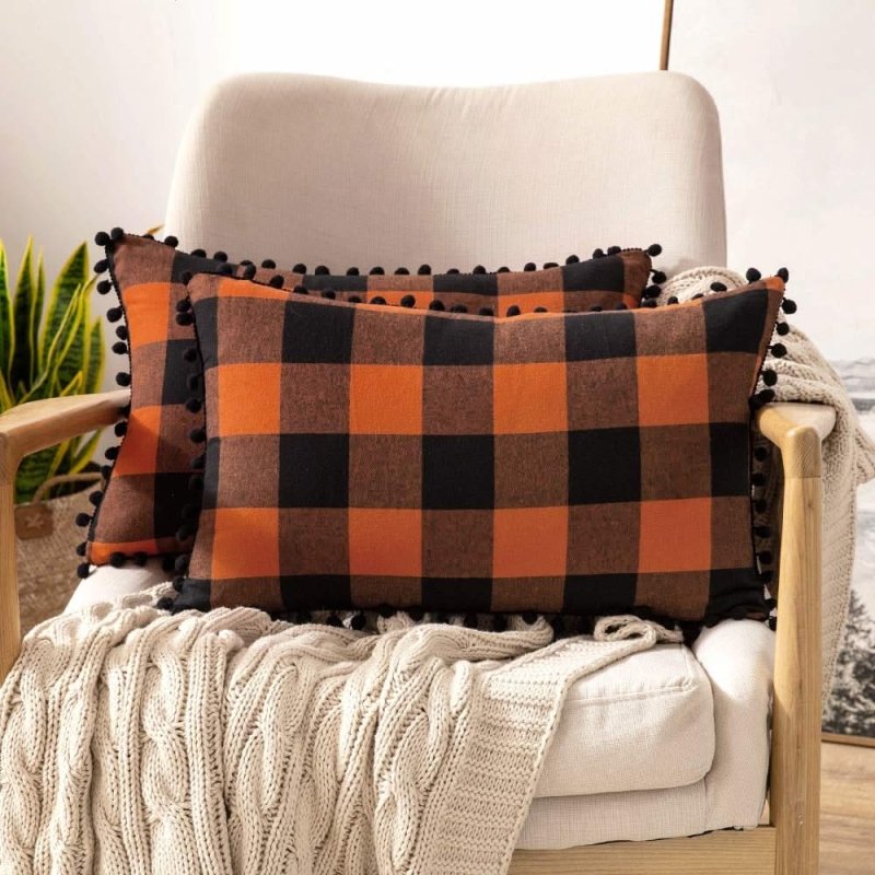 Miulee Halloween Retro Farmhouse Buffalo Plaid Check Pillow Cases with Pom Poms 2 Pack - Miulee