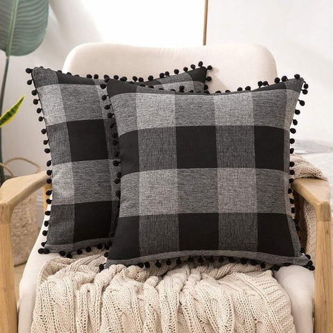 Miulee Halloween Retro Farmhouse Buffalo Plaid Check Pillow Cases with Pom Poms 2 Pack - Miulee