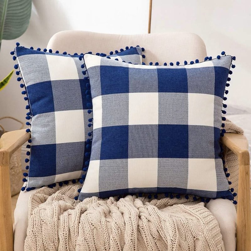 Miulee Halloween Retro Farmhouse Buffalo Plaid Check Pillow Cases with Pom Poms 2 Pack - Miulee