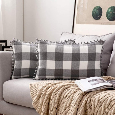 Miulee Halloween Retro Farmhouse Buffalo Plaid Check Pillow Cases with Pom Poms 2 Pack - Miulee