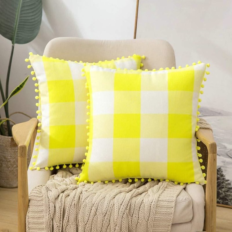Miulee Halloween Retro Farmhouse Buffalo Plaid Check Pillow Cases with Pom Poms 2 Pack - Miulee