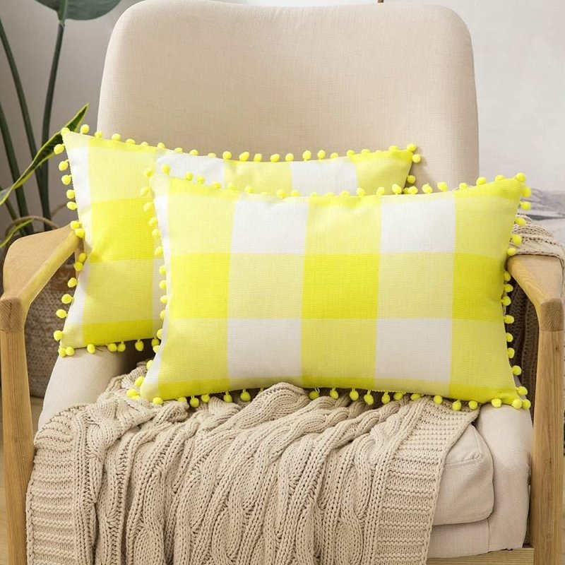 Miulee Halloween Retro Farmhouse Buffalo Plaid Check Pillow Cases with Pom Poms 2 Pack - Miulee
