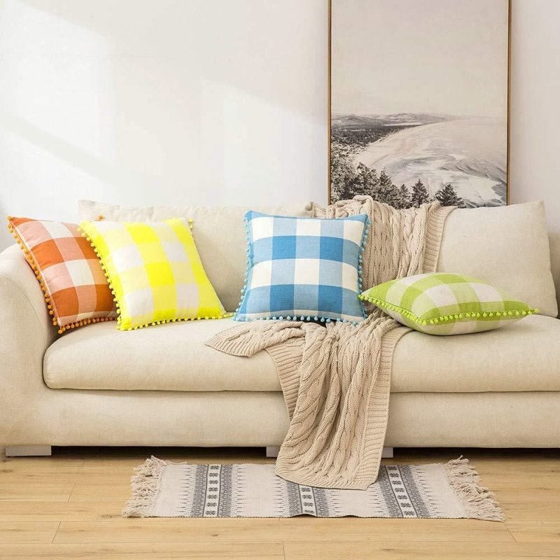 Miulee Halloween Retro Farmhouse Buffalo Plaid Check Pillow Cases with Pom Poms 2 Pack - Miulee