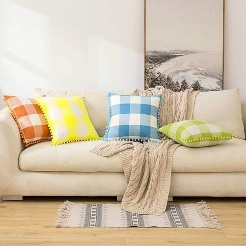 Miulee Halloween Retro Farmhouse Buffalo Plaid Check Pillow Cases with Pom Poms 2 Pack - Miulee