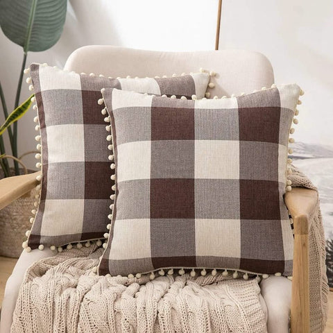 Miulee Halloween Retro Farmhouse Buffalo Plaid Check Pillow Cases with Pom Poms 2 Pack - Miulee