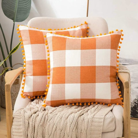 Miulee Halloween Retro Farmhouse Buffalo Plaid Check Pillow Cases with Pom Poms 2 Pack - Miulee