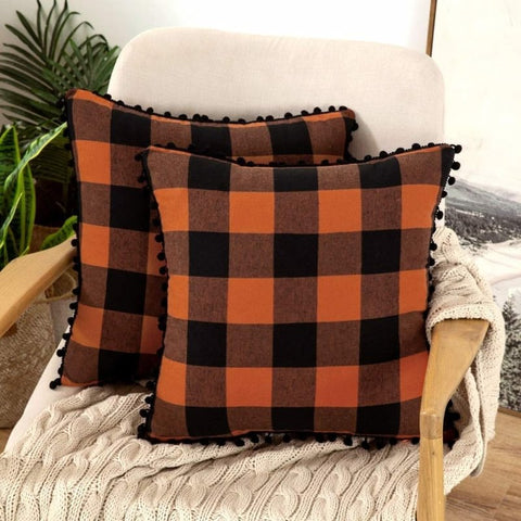 Miulee Halloween Retro Farmhouse Buffalo Plaid Check Pillow Cases with Pom Poms 2 Pack - Miulee