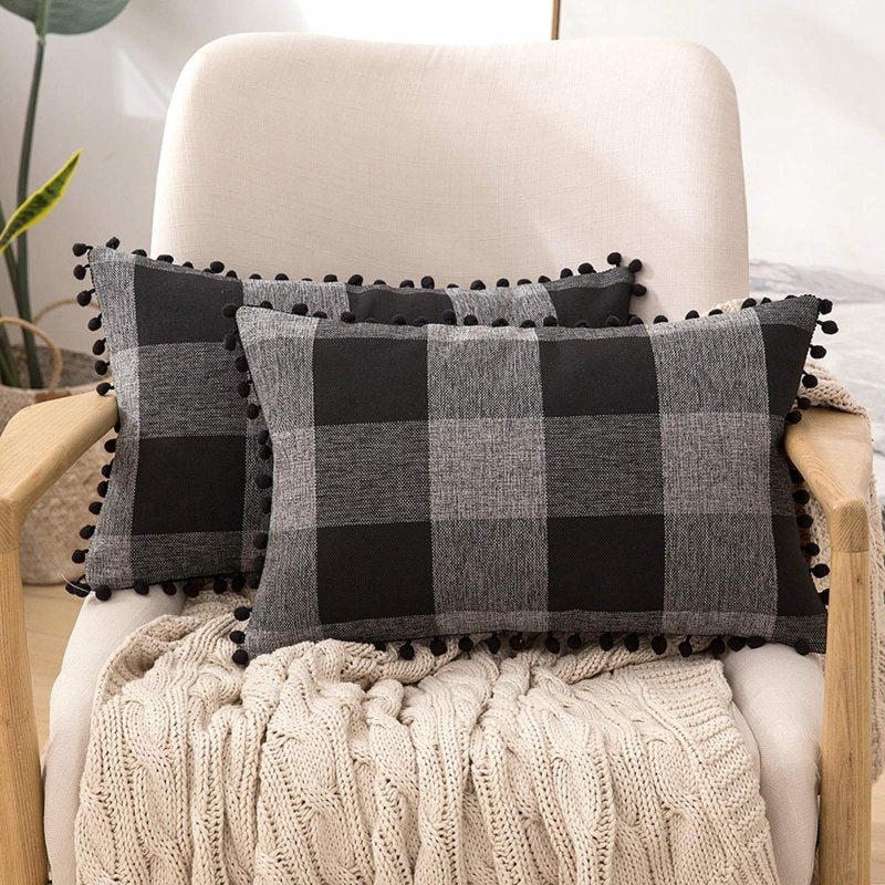 Miulee Halloween Retro Farmhouse Buffalo Plaid Check Pillow Cases with Pom Poms 2 Pack - Miulee