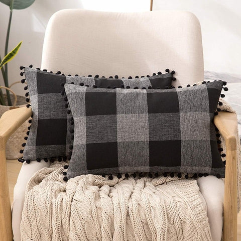 Miulee Halloween Retro Farmhouse Buffalo Plaid Check Pillow Cases with Pom Poms 2 Pack - Miulee