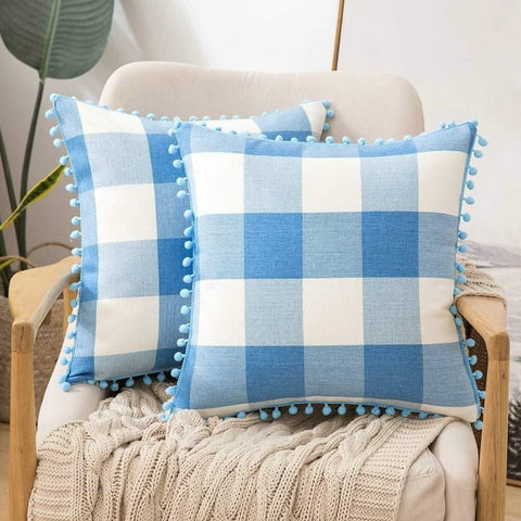 Miulee Halloween Retro Farmhouse Buffalo Plaid Check Pillow Cases with Pom Poms 2 Pack - Miulee