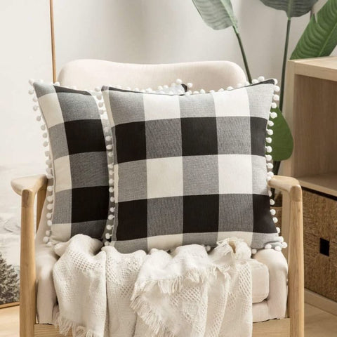 Miulee Halloween Retro Farmhouse Buffalo Plaid Check Pillow Cases with Pom Poms 2 Pack - Miulee