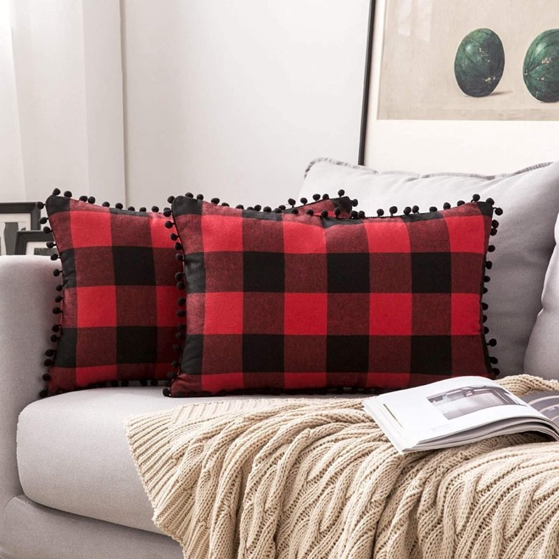 Miulee Halloween Retro Farmhouse Buffalo Plaid Check Pillow Cases with Pom Poms 2 Pack - Miulee
