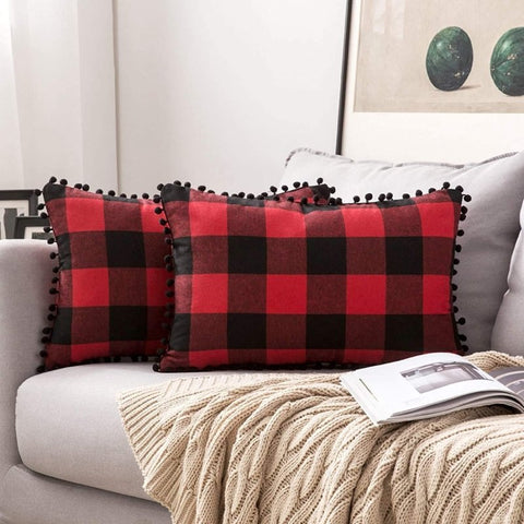 Miulee Halloween Retro Farmhouse Buffalo Plaid Check Pillow Cases with Pom Poms 2 Pack - Miulee