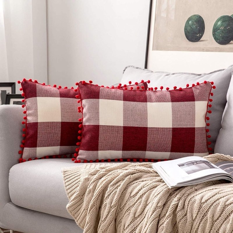 Miulee Halloween Retro Farmhouse Buffalo Plaid Check Pillow Cases with Pom Poms 2 Pack - Miulee
