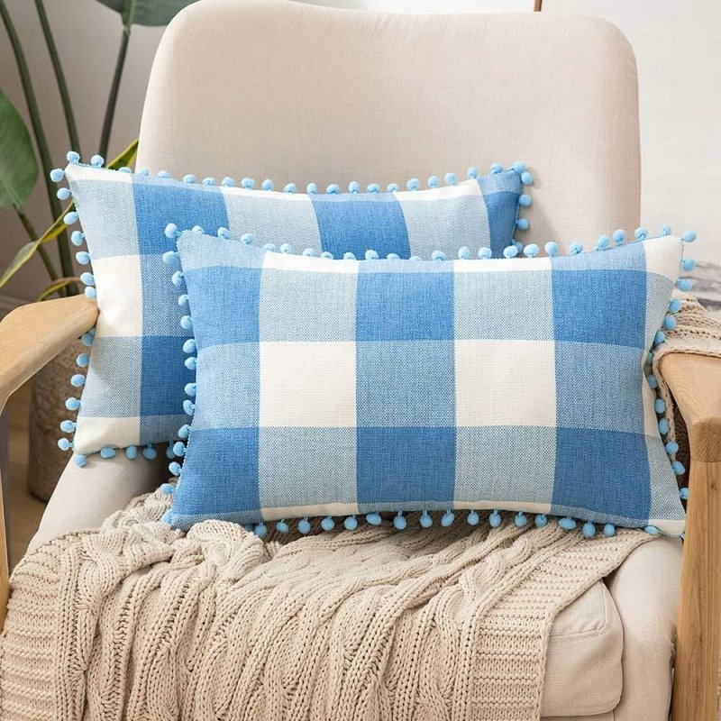 Miulee Halloween Retro Farmhouse Buffalo Plaid Check Pillow Cases with Pom Poms 2 Pack - Miulee