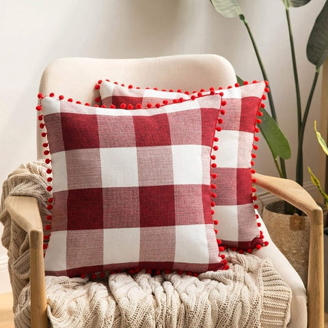 Miulee Halloween Retro Farmhouse Buffalo Plaid Check Pillow Cases with Pom Poms 2 Pack - Miulee