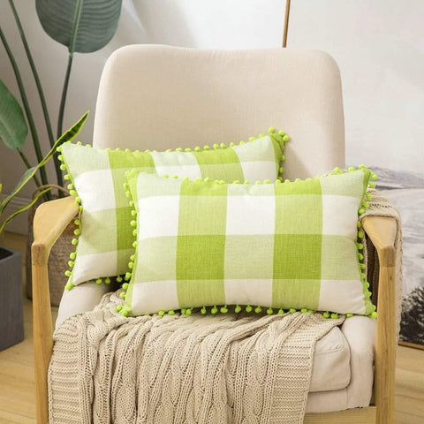 Miulee Halloween Retro Farmhouse Buffalo Plaid Check Pillow Cases with Pom Poms 2 Pack - Miulee
