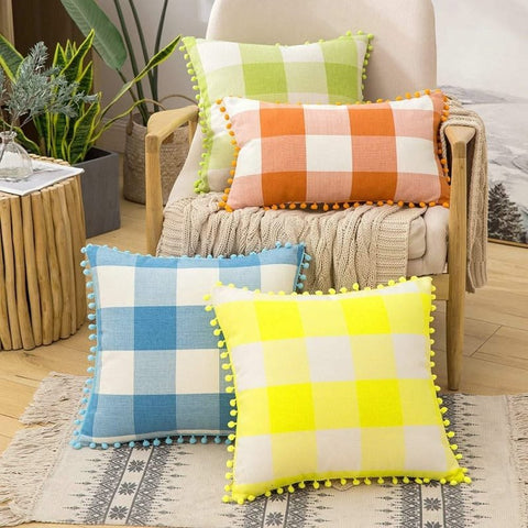Miulee Halloween Retro Farmhouse Buffalo Plaid Check Pillow Cases with Pom Poms 2 Pack - Miulee
