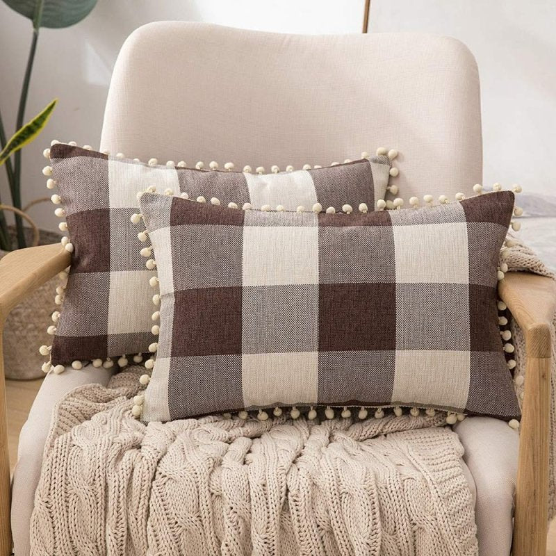 Miulee Halloween Retro Farmhouse Buffalo Plaid Check Pillow Cases with Pom Poms 2 Pack - Miulee