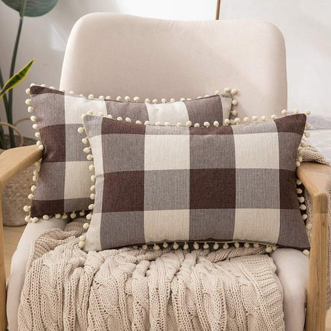 Miulee Halloween Retro Farmhouse Buffalo Plaid Check Pillow Cases with Pom Poms 2 Pack - Miulee