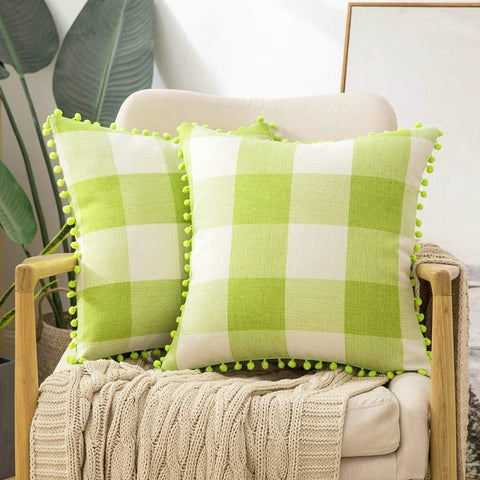 Miulee Halloween Retro Farmhouse Buffalo Plaid Check Pillow Cases with Pom Poms 2 Pack - Miulee