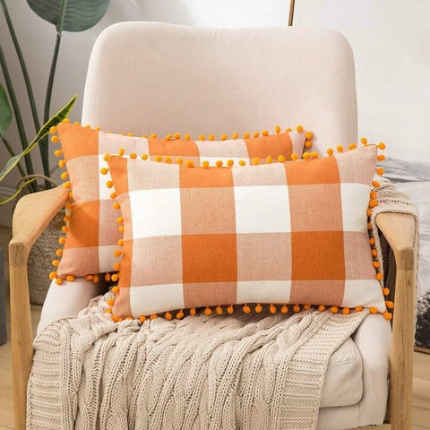 Miulee Halloween Retro Farmhouse Buffalo Plaid Check Pillow Cases with Pom Poms 2 Pack - Miulee