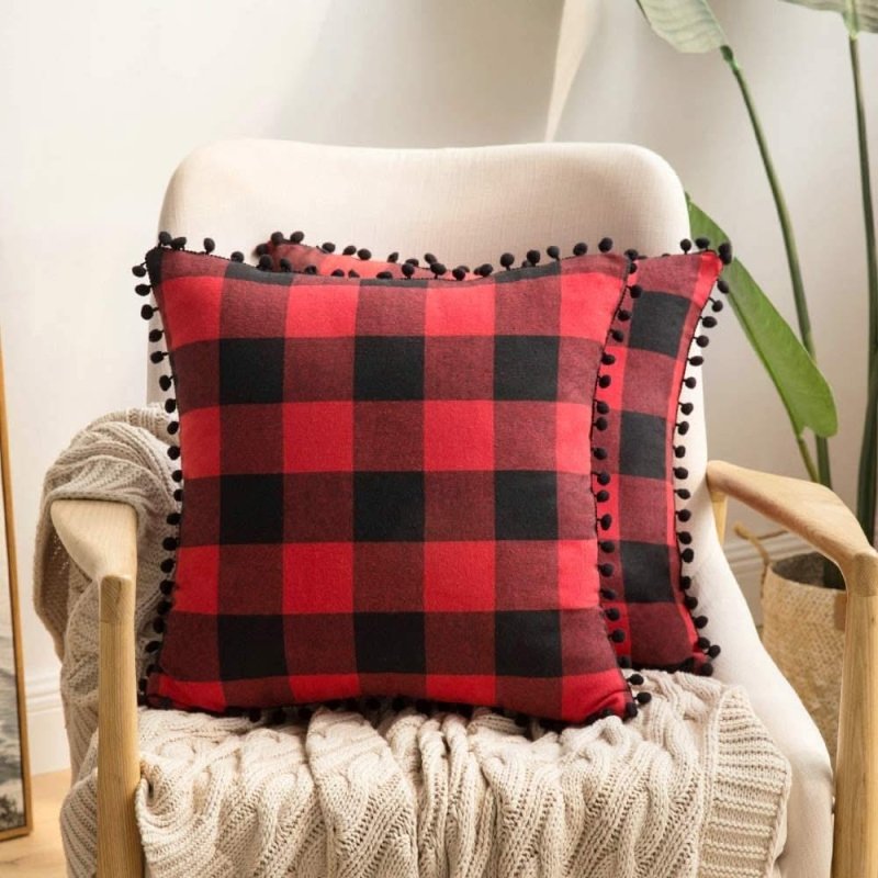 Miulee Halloween Retro Farmhouse Buffalo Plaid Check Pillow Cases with Pom Poms 2 Pack - Miulee