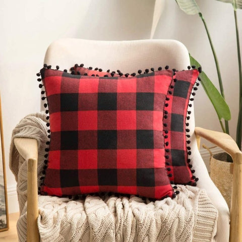Miulee Halloween Retro Farmhouse Buffalo Plaid Check Pillow Cases with Pom Poms 2 Pack - Miulee