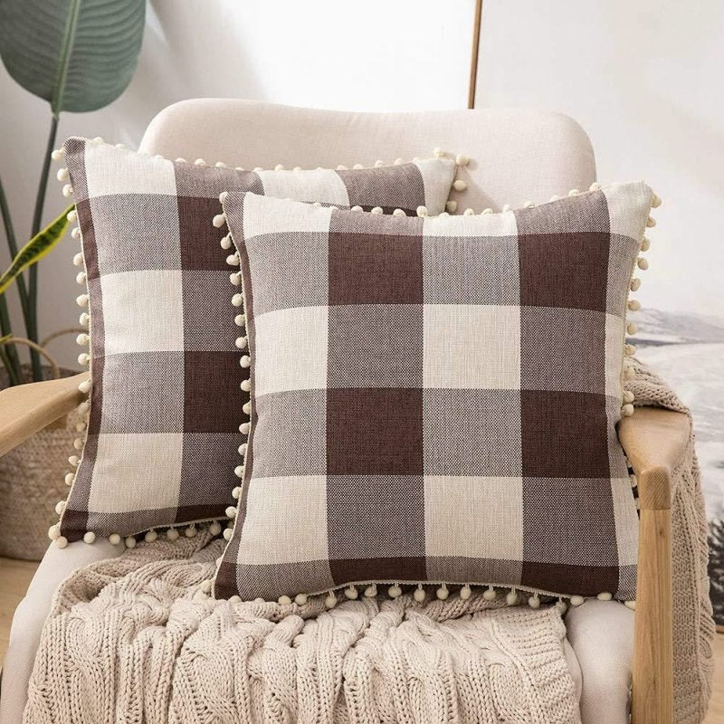Miulee Halloween Retro Farmhouse Buffalo Plaid Check Pillow Cases with Pom Poms 2 Pack - Miulee