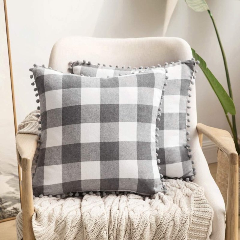 Miulee Halloween Retro Farmhouse Buffalo Plaid Check Pillow Cases with Pom Poms 2 Pack - Miulee