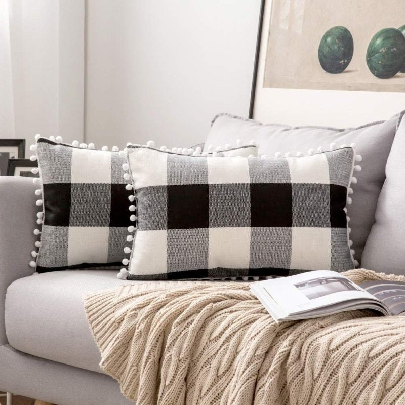 Miulee Halloween Retro Farmhouse Buffalo Plaid Check Pillow Cases with Pom Poms 2 Pack - Miulee